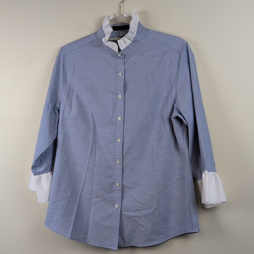 Pearly Vine Scarlett Ribbon Trim Blue Oxford Button Shirt Top 3/4 Sleeve Classic